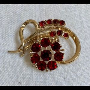 Vintage Coro signed Red Floral and Ribbon Brooch